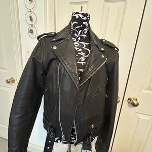 Unik Black Leather Jacket with White Logo Detail $50